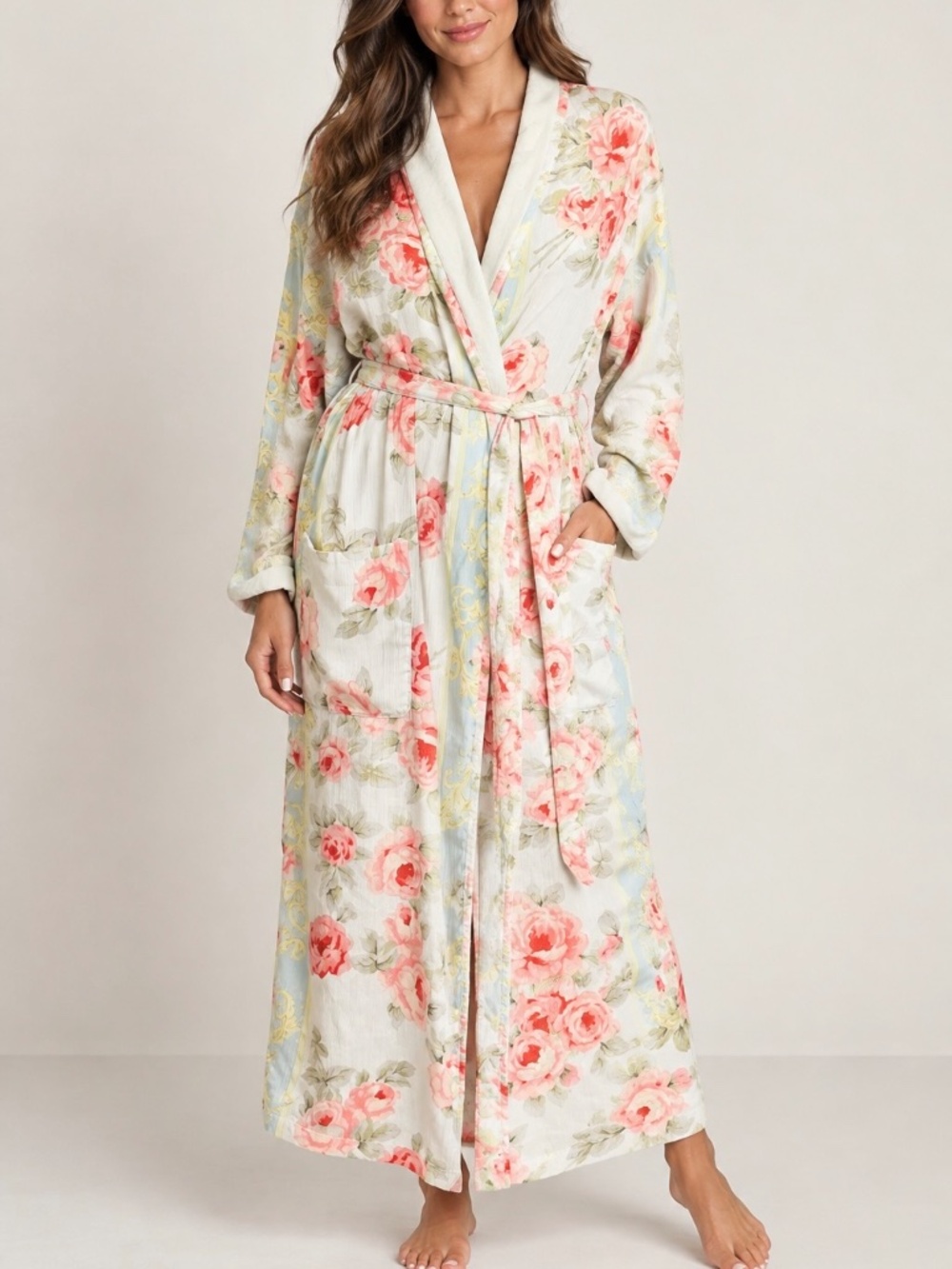 Vintage Victoria's Secret Gold Label Pastel Rose Floral Long Wrap Robe Sz M/L